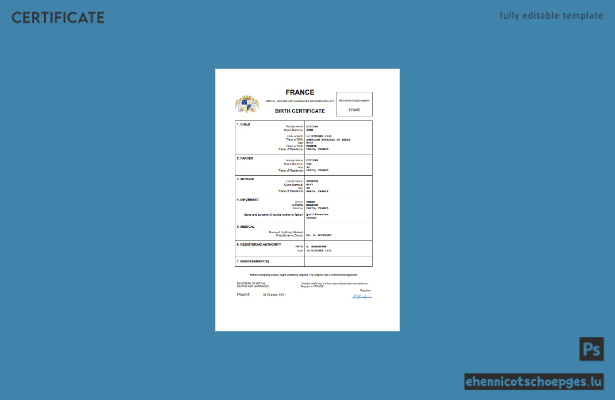 Französische Geburtsurkunde – Beispielansicht (Word und PDF)